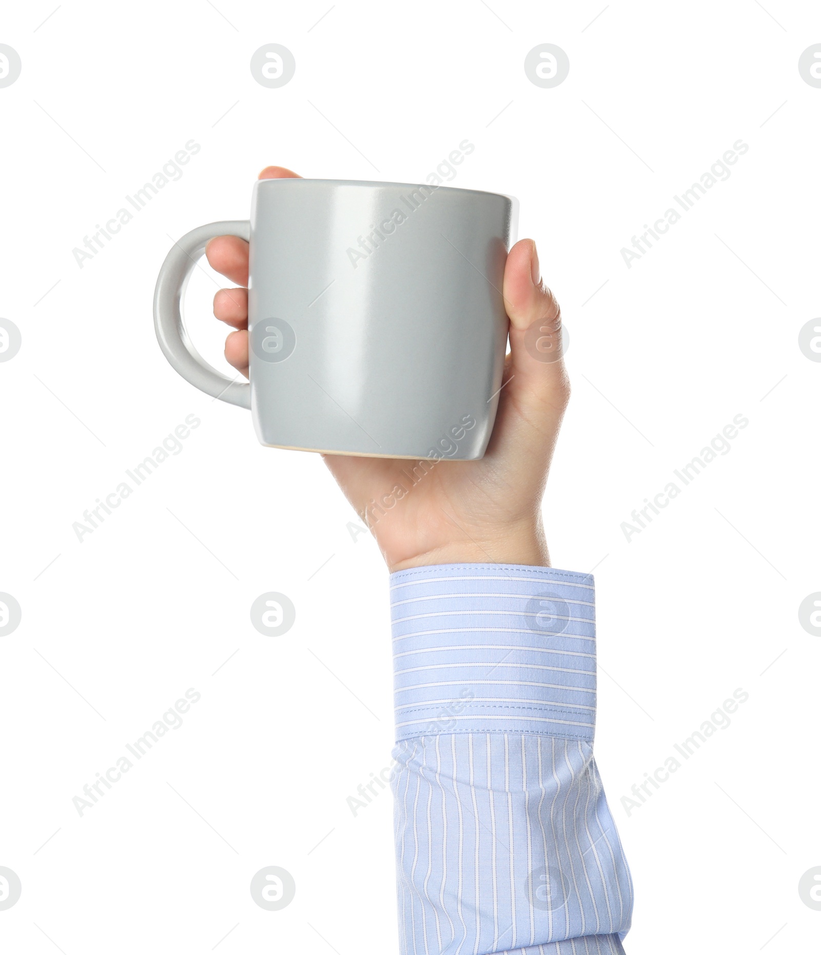 Photo of Woman holding grey cup on white background, closeup