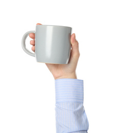 Photo of Woman holding grey cup on white background, closeup