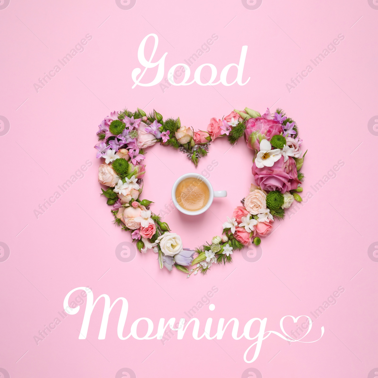 Image of Good morning! Beautiful heart shaped floral composition with cup of coffee on pink background, flat lay