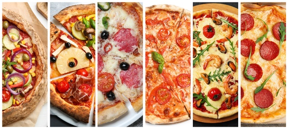 Image of Collage with different pizzas, top view. Banner design 