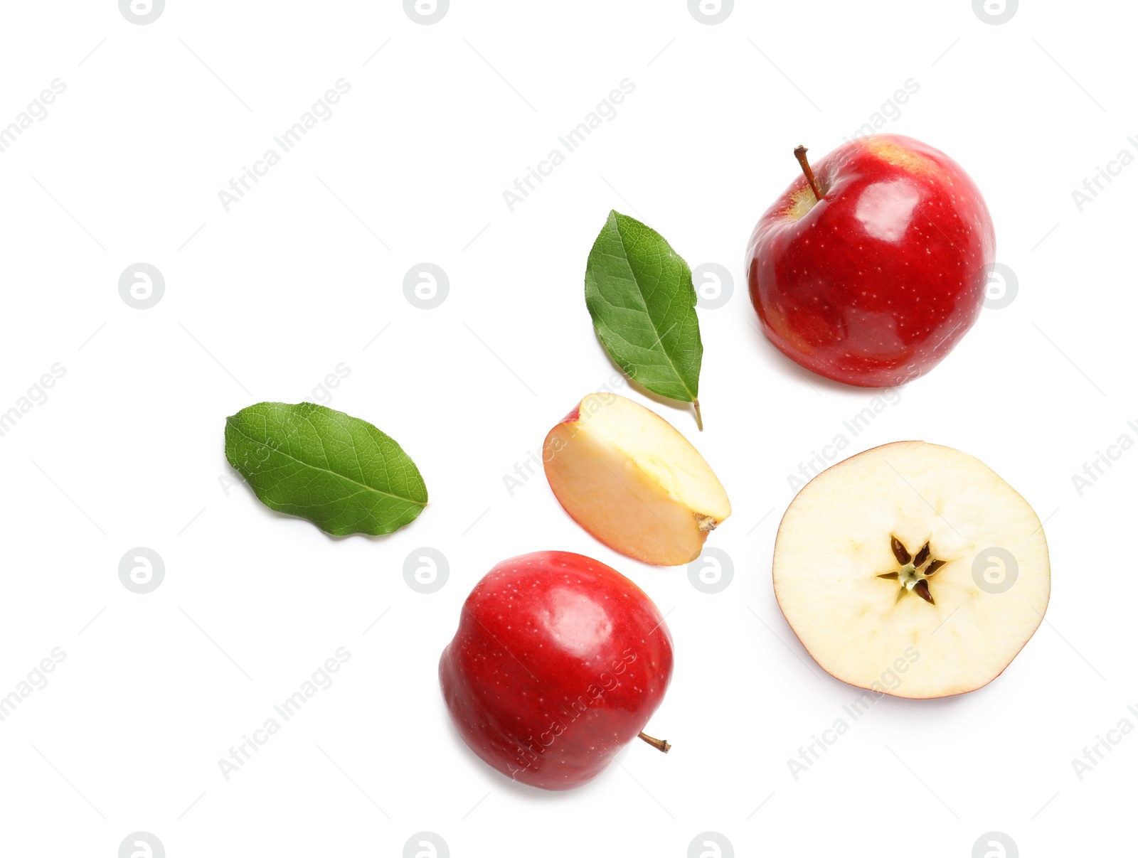 Photo of Ripe red apples on white background, flat lay