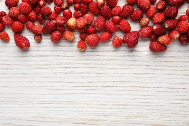 Photo of Many fresh wild strawberries on white wooden table, flat lay. Space for text