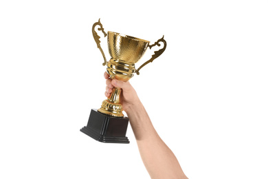 Photo of Man holding gold trophy cup on white background, closeup