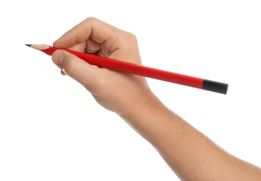 Photo of Man holding ordinary pencil on white background, closeup