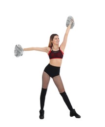 Photo of Beautiful cheerleader in costume holding pom poms on white background