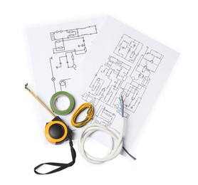 Photo of Wiring diagrams, wires and tape measure isolated on white, top view