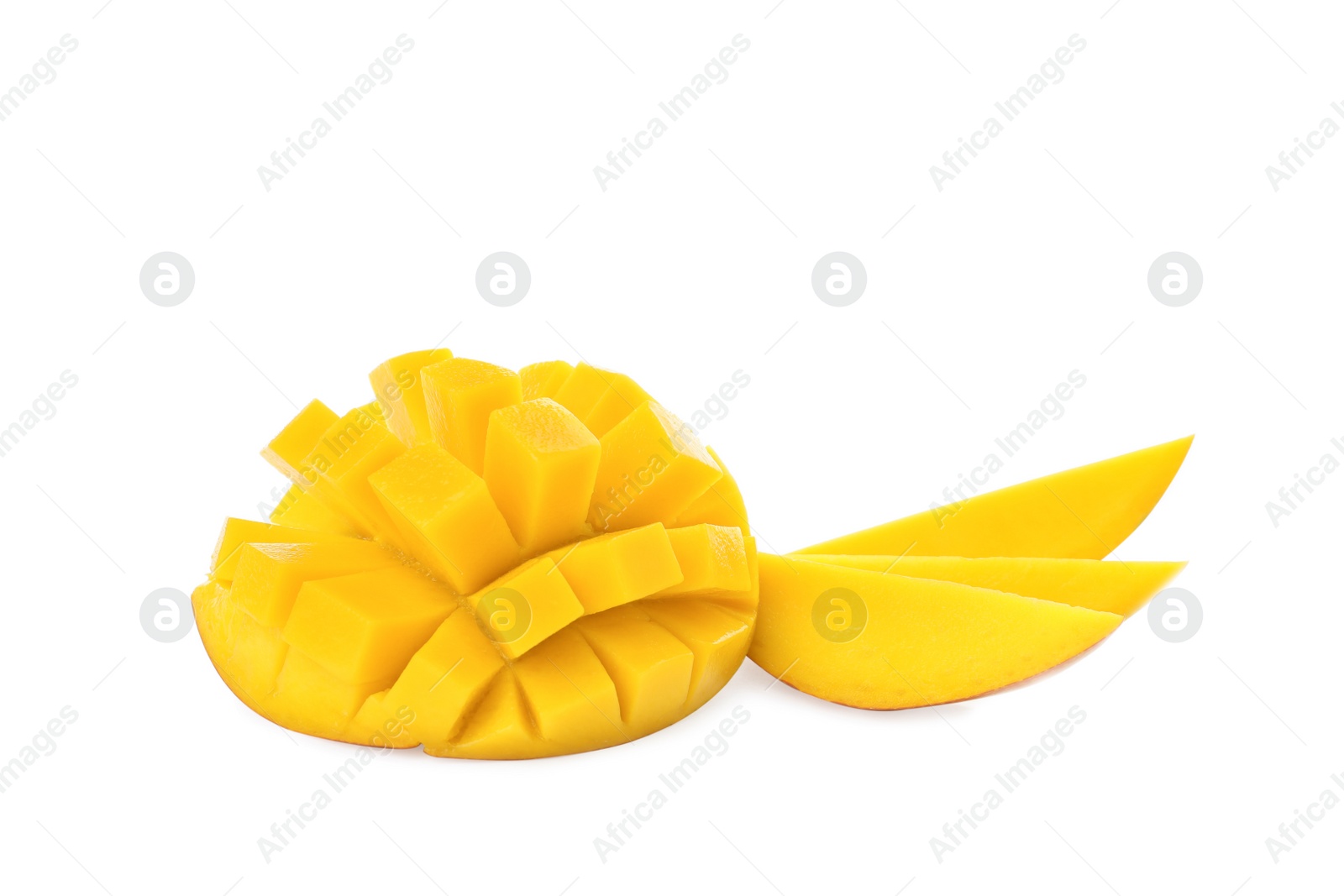 Photo of Cut ripe mango isolated on white. Exotic fruit