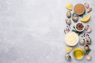 Delicious homemade mayonnaise, spices and ingredients on grey table, flat lay. Space for text