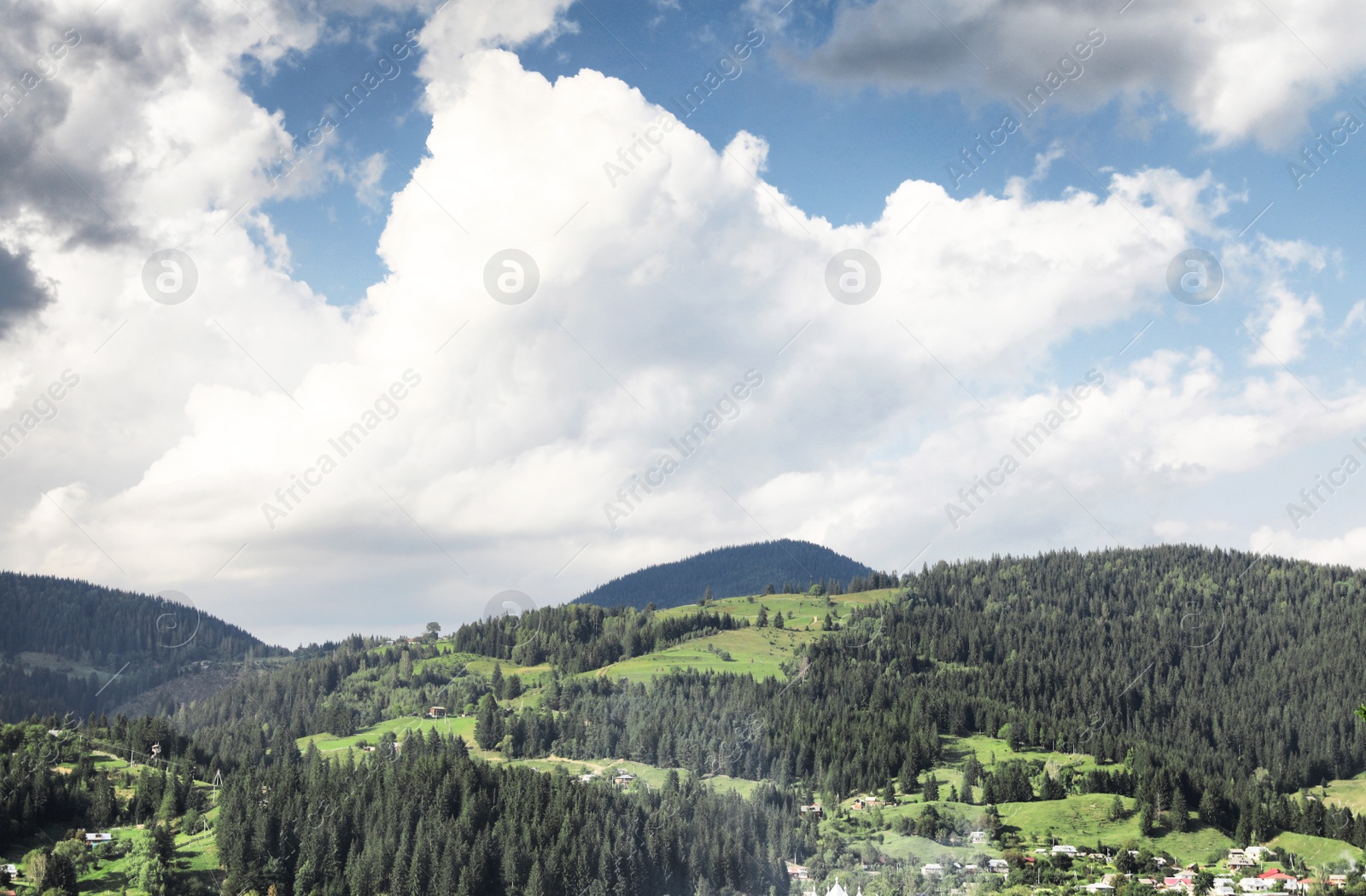 Photo of Picturesque view of village and forest on mountain slopes