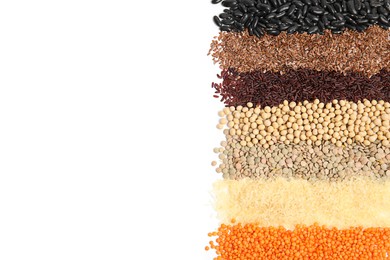 Photo of Various raw veggie seeds on white background, top view