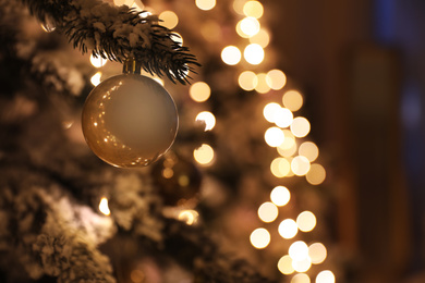 Closeup view of beautifully decorated Christmas tree indoors