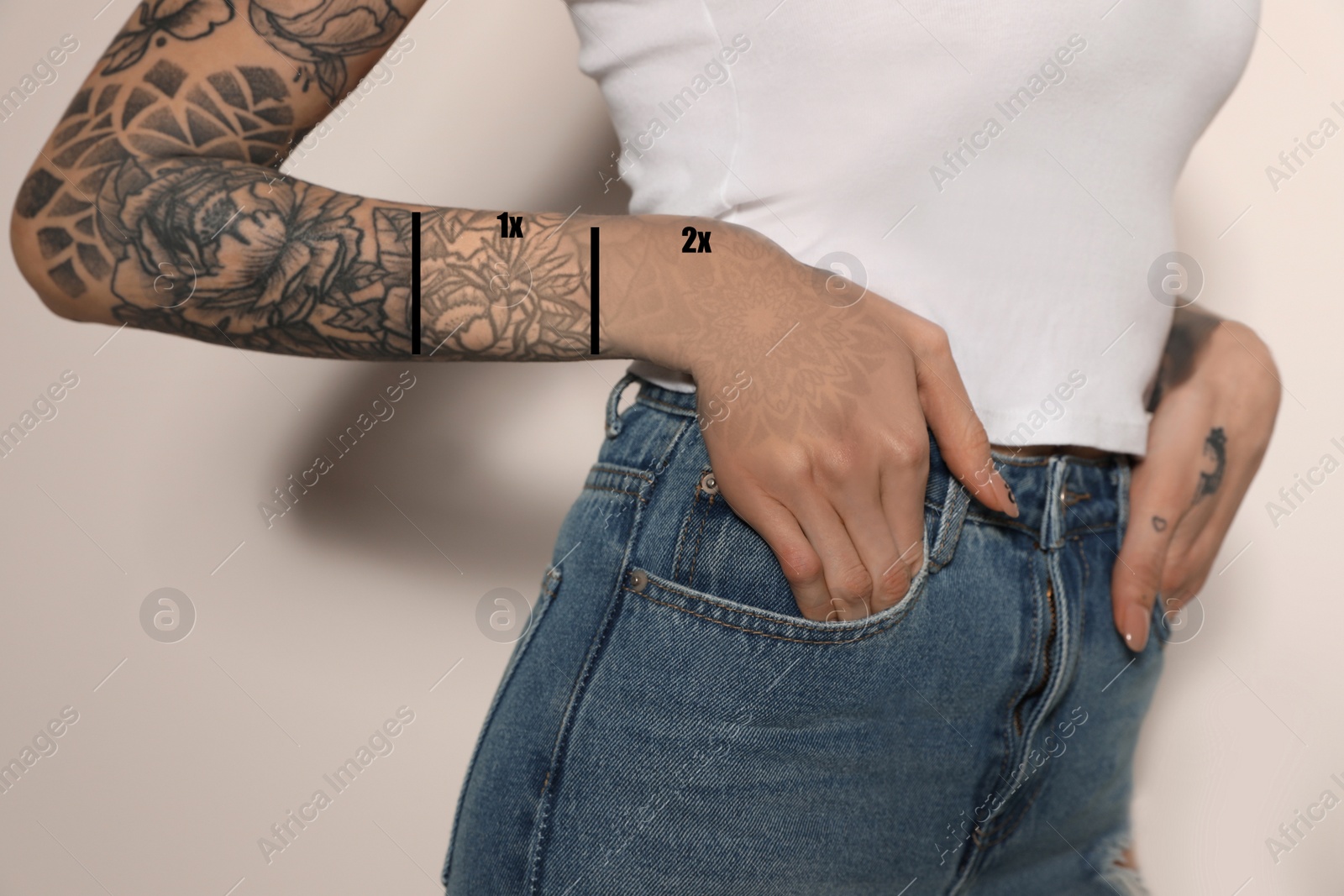 Image of Woman before and after laser tattoo removal procedures on white background, closeup