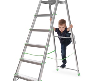 Little child climbing up ladder on white background. Danger at home