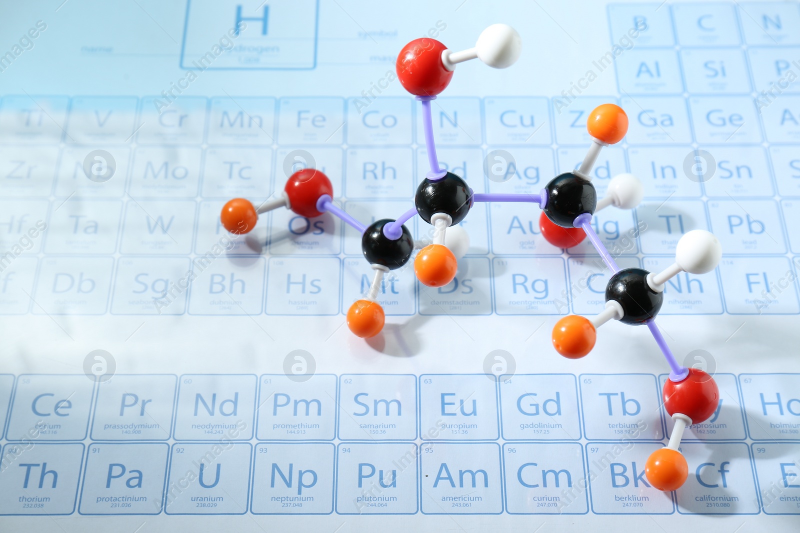 Photo of Molecular model on periodic table of chemical elements