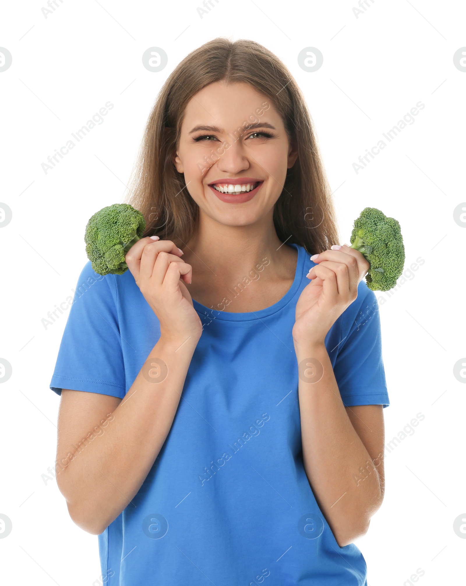 Photo of Portrait of happy woman with broccoli on white background