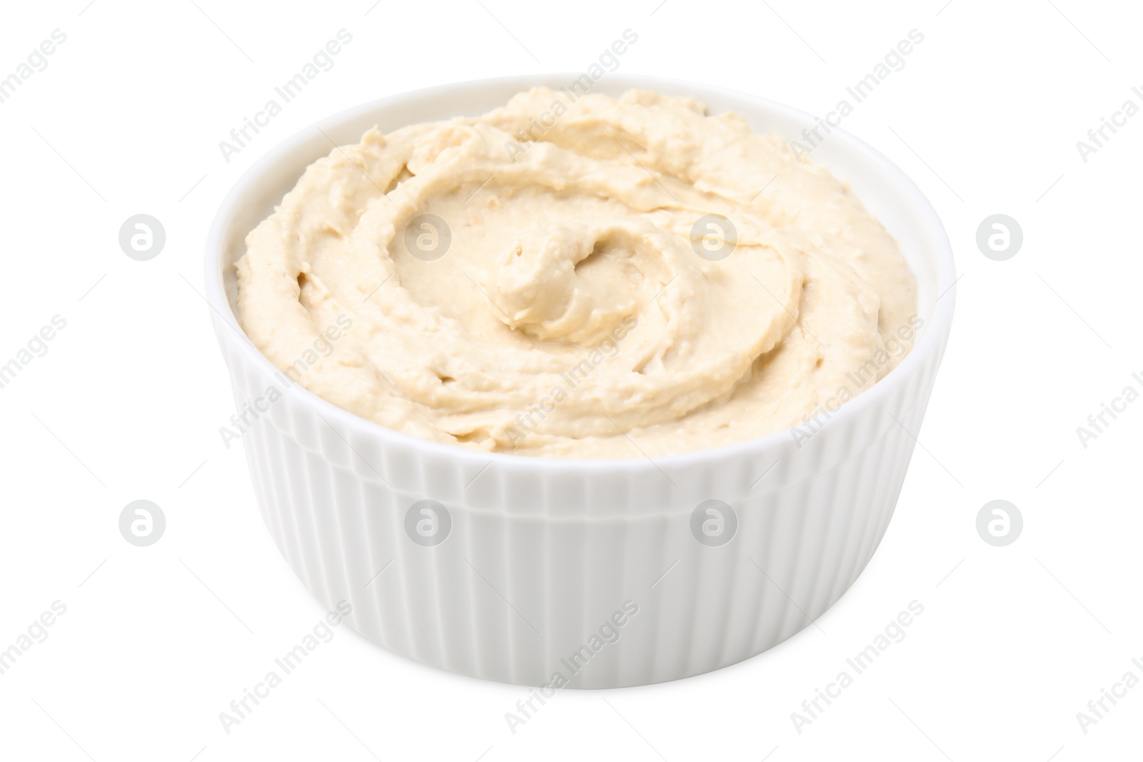 Photo of Bowl of delicious hummus isolated on white