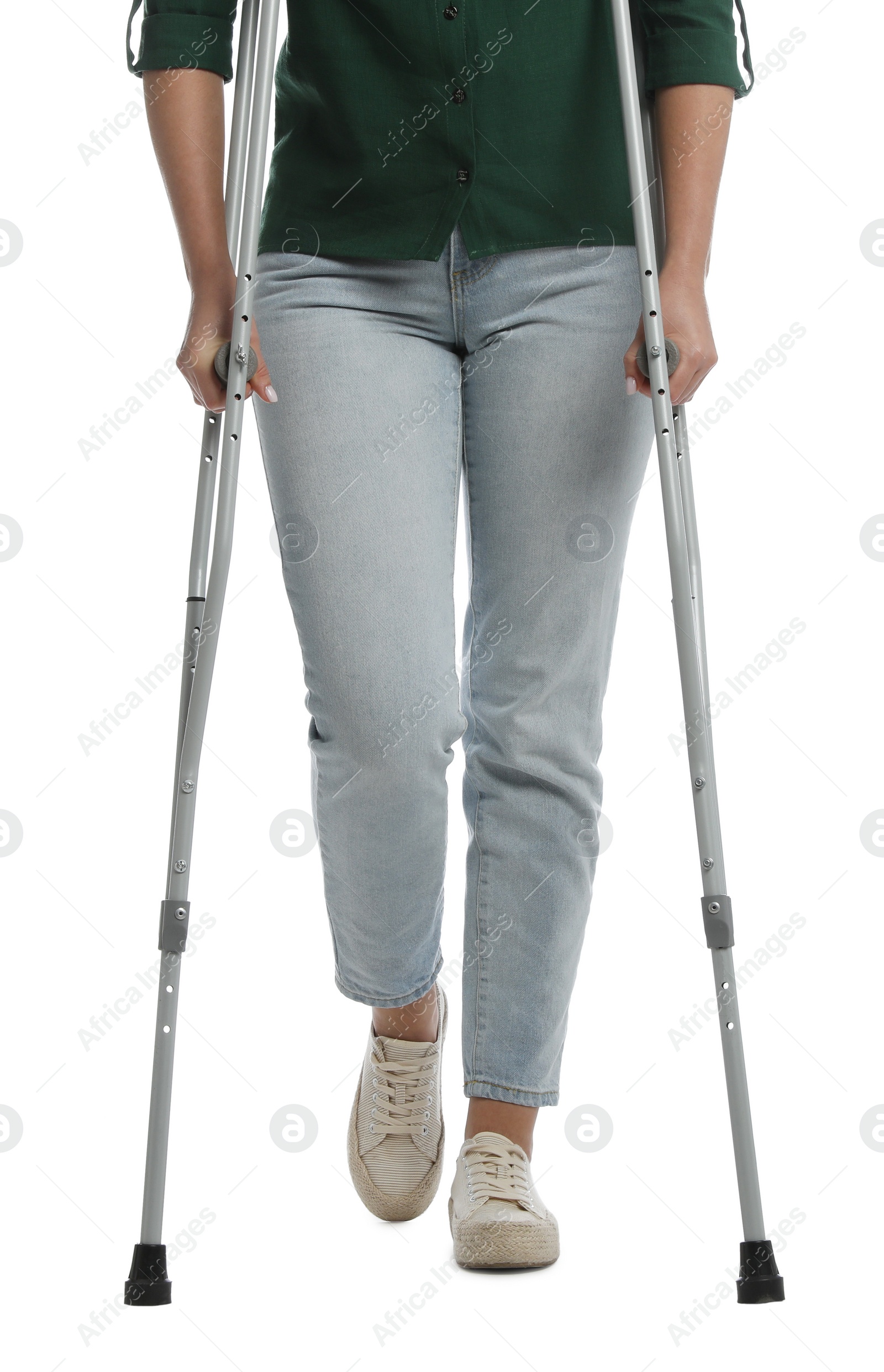 Photo of Woman with crutches on white background, closeup