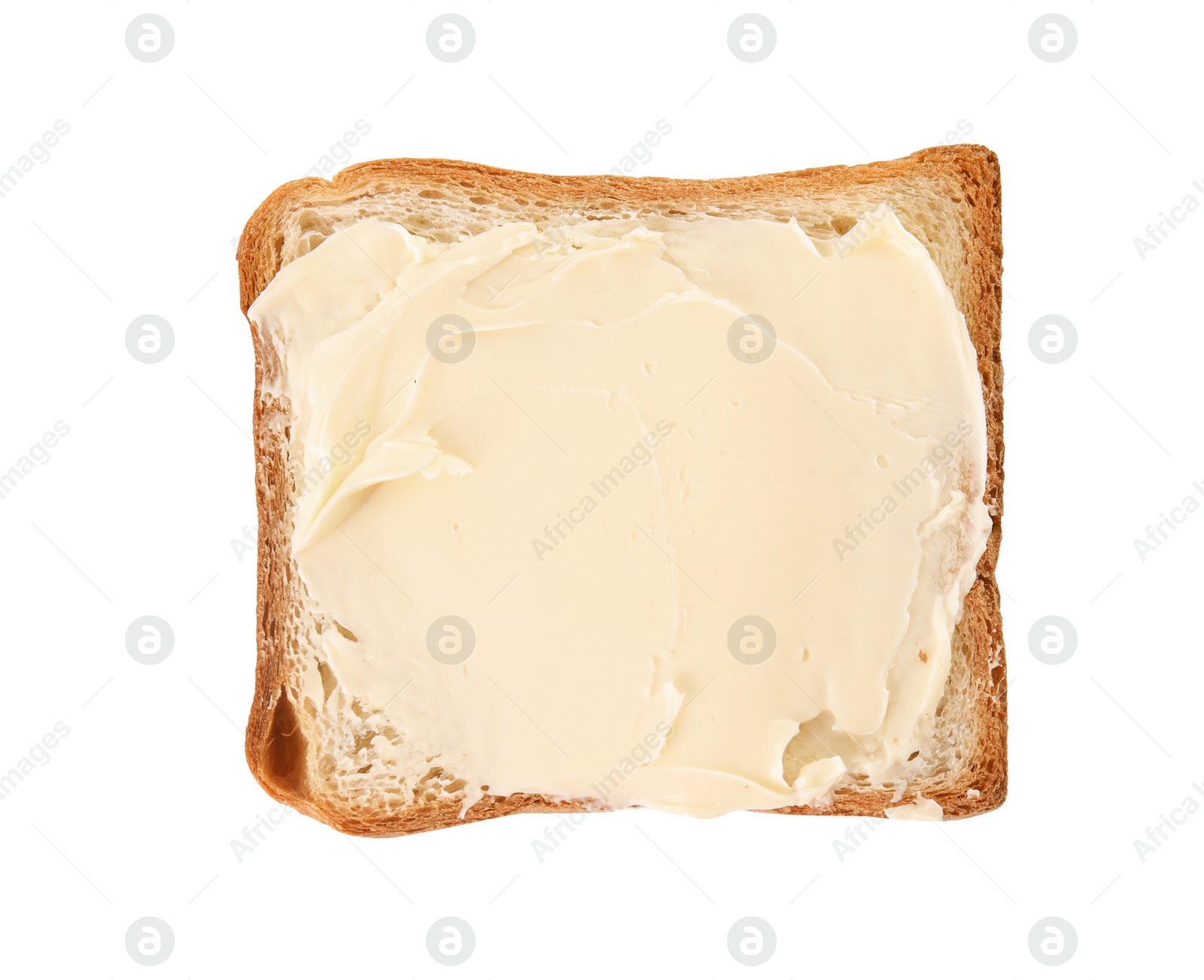 Photo of Fresh bread with butter on white background, top view