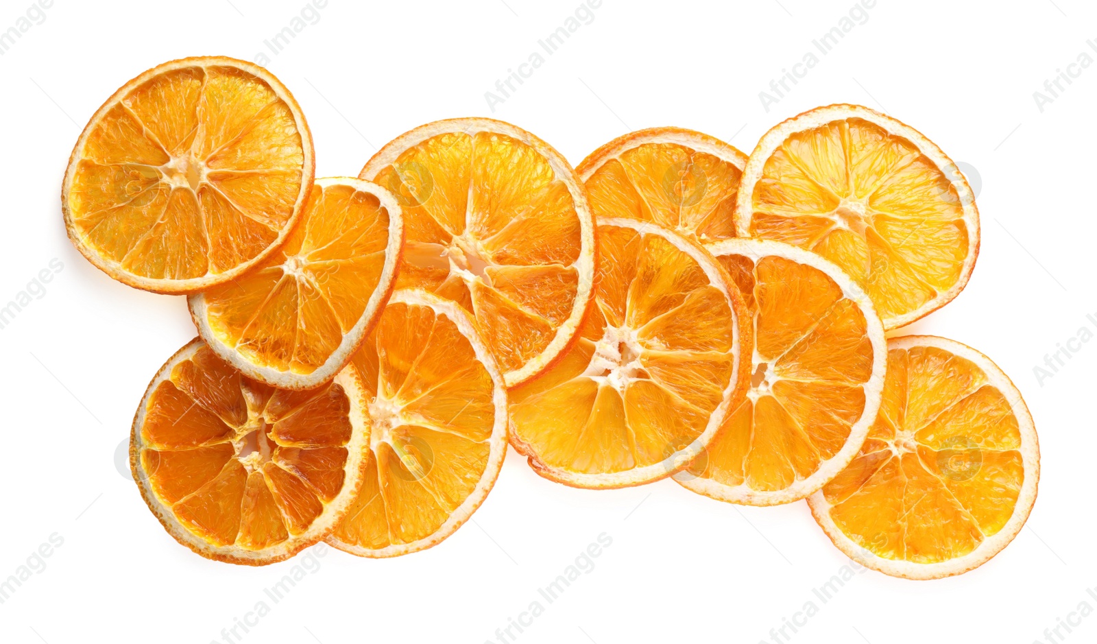 Delicious dry orange slices on white background, top view Photo of Delicious dry orange slices on white background, top view