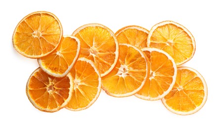 Photo of Delicious dry orange slices on white background, top view