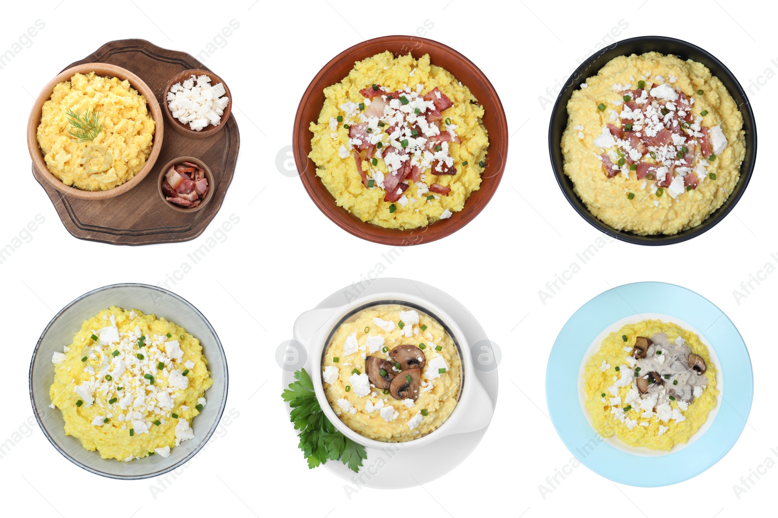 Image of Set with delicious traditional banosh on white background, top view 