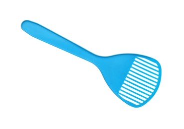 Photo of Light blue plastic scoop for cat litter isolated on white, top view