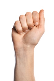 Photo of Man showing A letter on white background, closeup. Sign language
