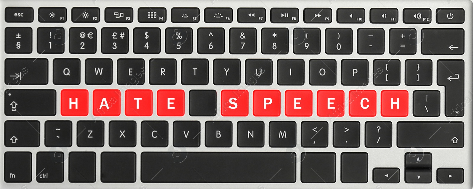 Image of Red buttons with text Hate Speech on computer keyboard, top view