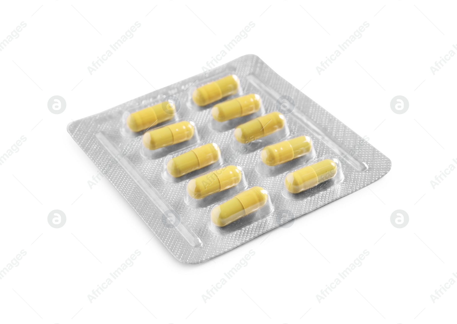 Photo of Blister of pills on white background. Medicinal treatment