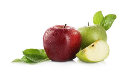 Photo of Fresh juicy red and green apples isolated on white