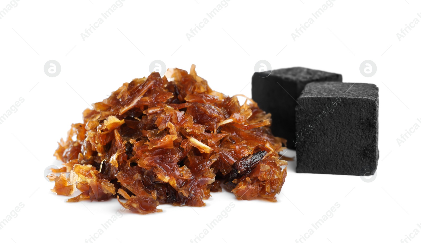 Photo of Pile of hookah tobacco and charcoal cubes on white background