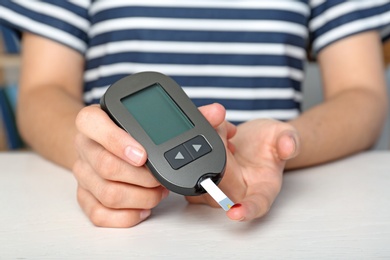 Photo of Woman checking blood sugar level with glucometer at table. Diabetes test