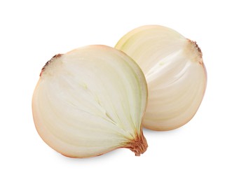 Halves of fresh ripe onion on white background