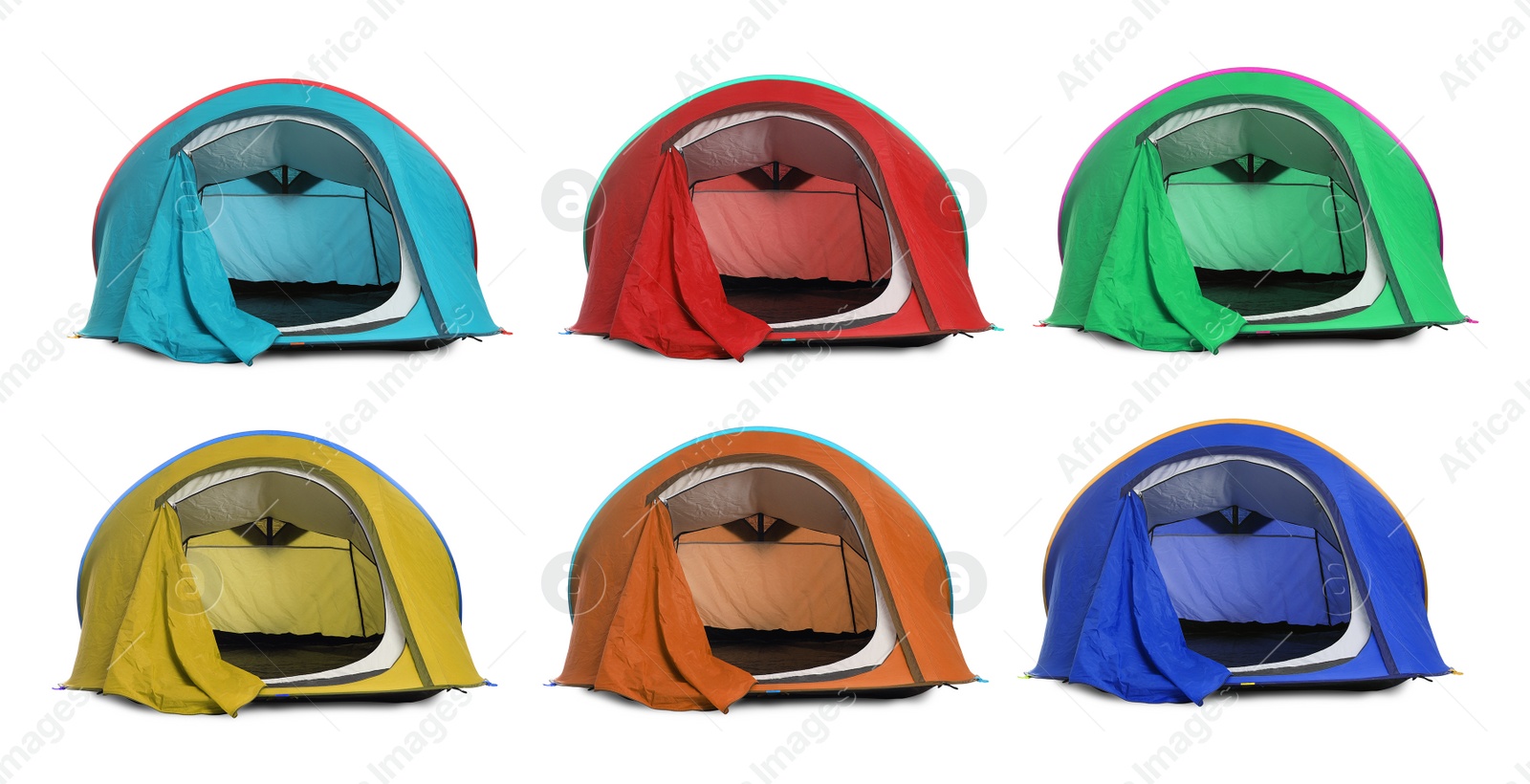 Image of Set with different colorful camping tents on white background. Banner design