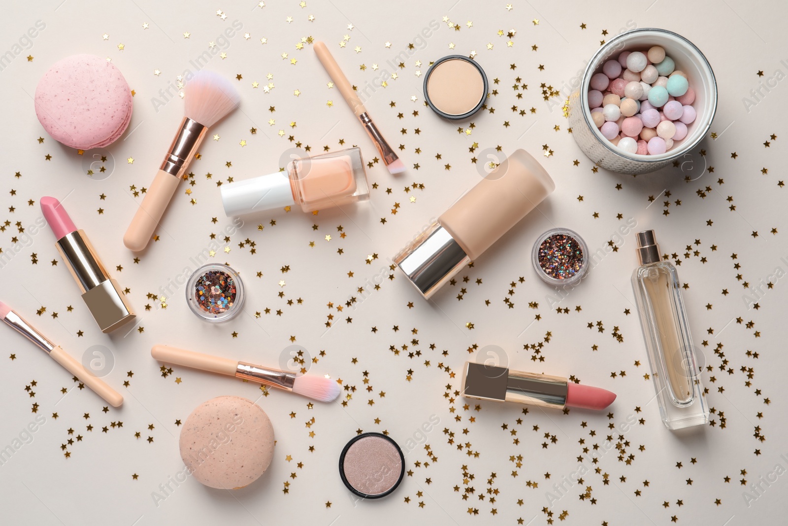 Photo of Flat lay composition with decorative cosmetics on color background