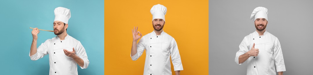 Chef in uniform on different color backgrounds, collage design