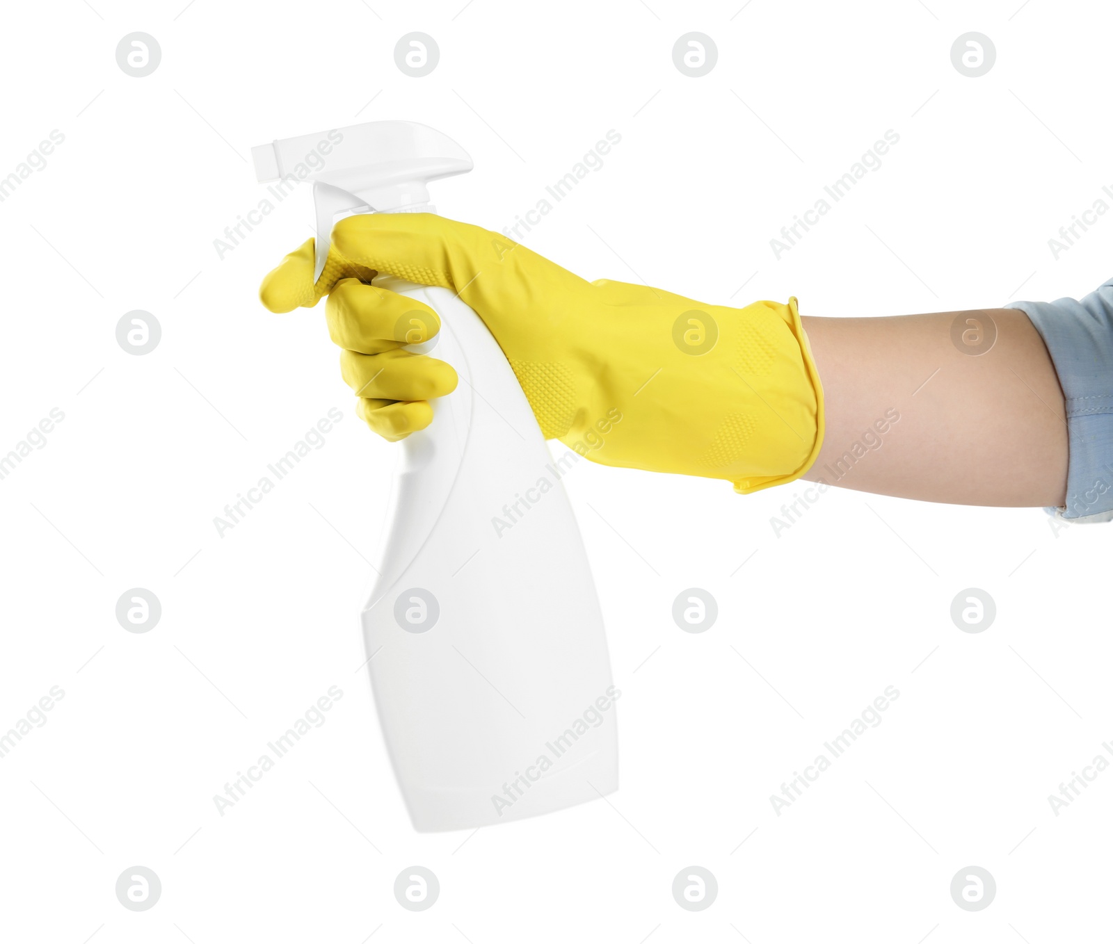 Photo of Person in rubber glove with detergent spray on white background, closeup of hand