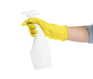 Photo of Person in rubber glove with detergent spray on white background, closeup of hand