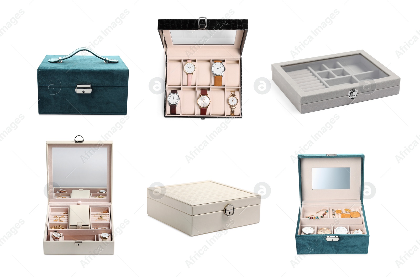 Image of Collage with different jewelry boxes isolated on white