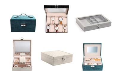 Image of Collage with different jewelry boxes isolated on white