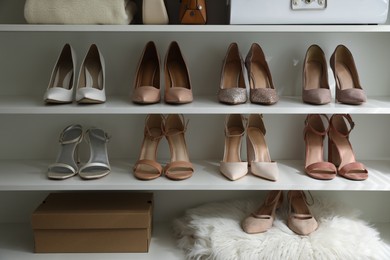 Photo of Different stylish women's shoes on shelving unit