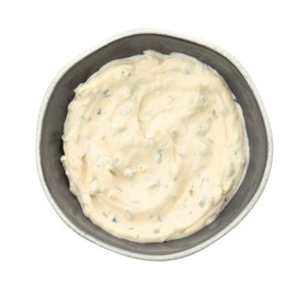 Tartar sauce in bowl isolated on white, top view