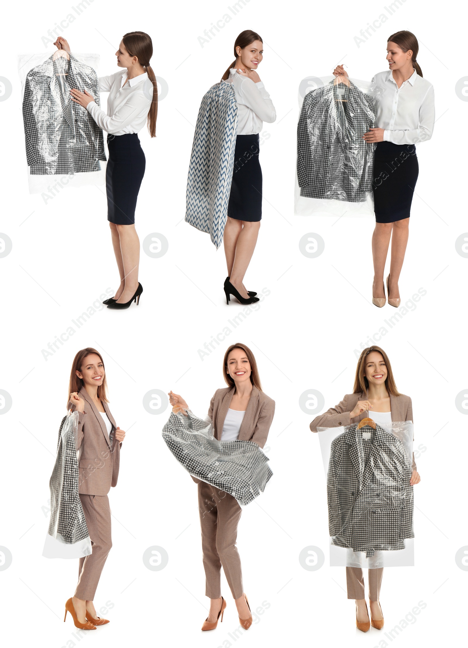 Image of Collage of women holding hangers with clothes on white background. Dry-cleaning service