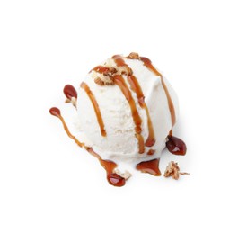 Photo of Scoop of ice cream with caramel sauce and nuts isolated on white
