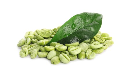 Photo of Green coffee beans and fresh leaf on white background