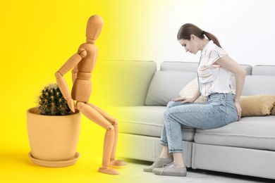 Image of Wooden human figure on cactus and woman suffering from hemorrhoid at home, collage with photos 
