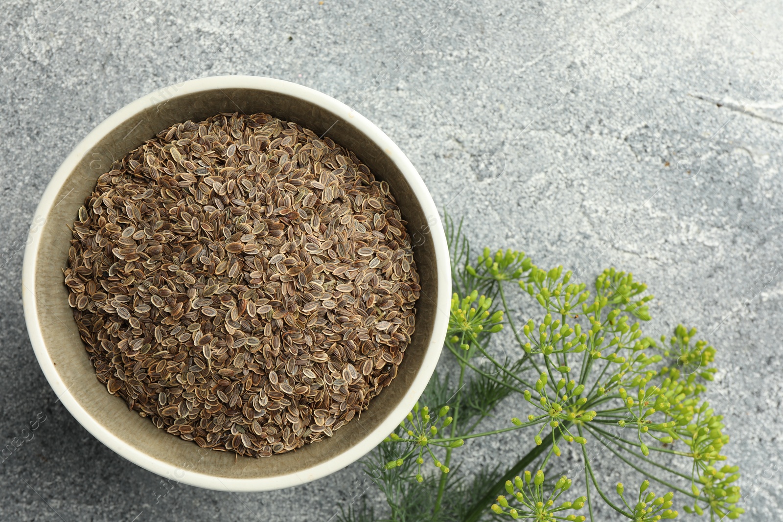 Photo of Bowl of dry seeds and fresh dill on grey table, flat lay. Space for text