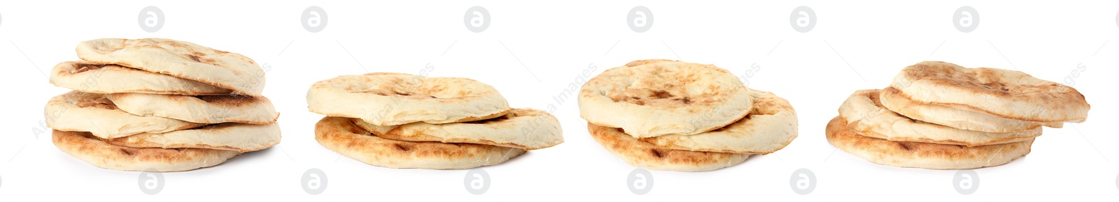 Image of Set with tasty pitas on white background. Banner design