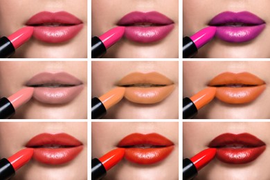 Image of Collage with photos of woman applying different beautiful lipsticks, closeup