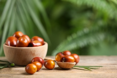 Photo of Fresh ripe oil palm fruits on wooden table. Space for text